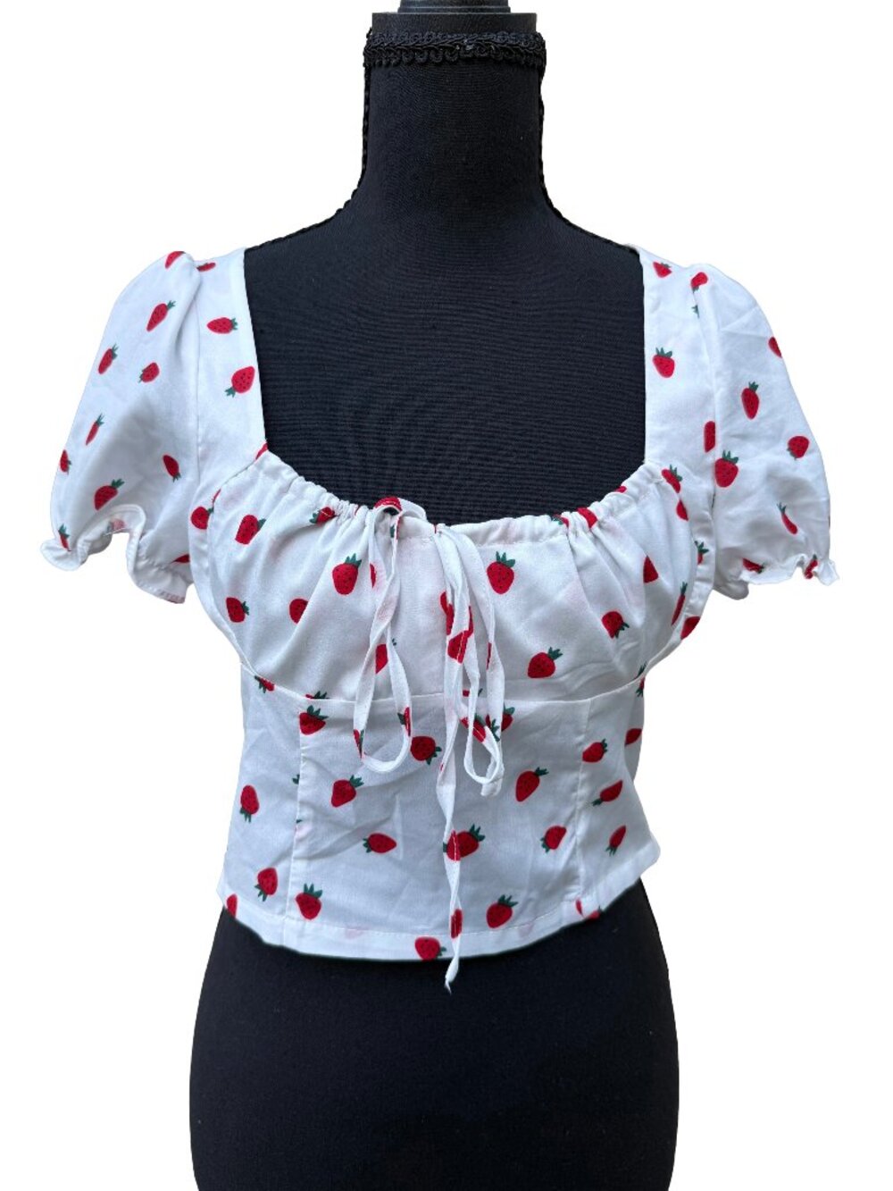 White Strawberry Print Peasant Crop Top